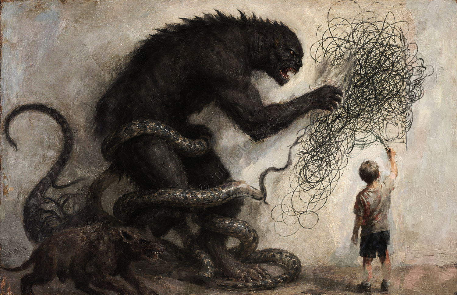 In a dark and oppressive room, a child silently draws an intricate tangle of lines on the wall, seemingly indifferent to the monstrous presence loomin